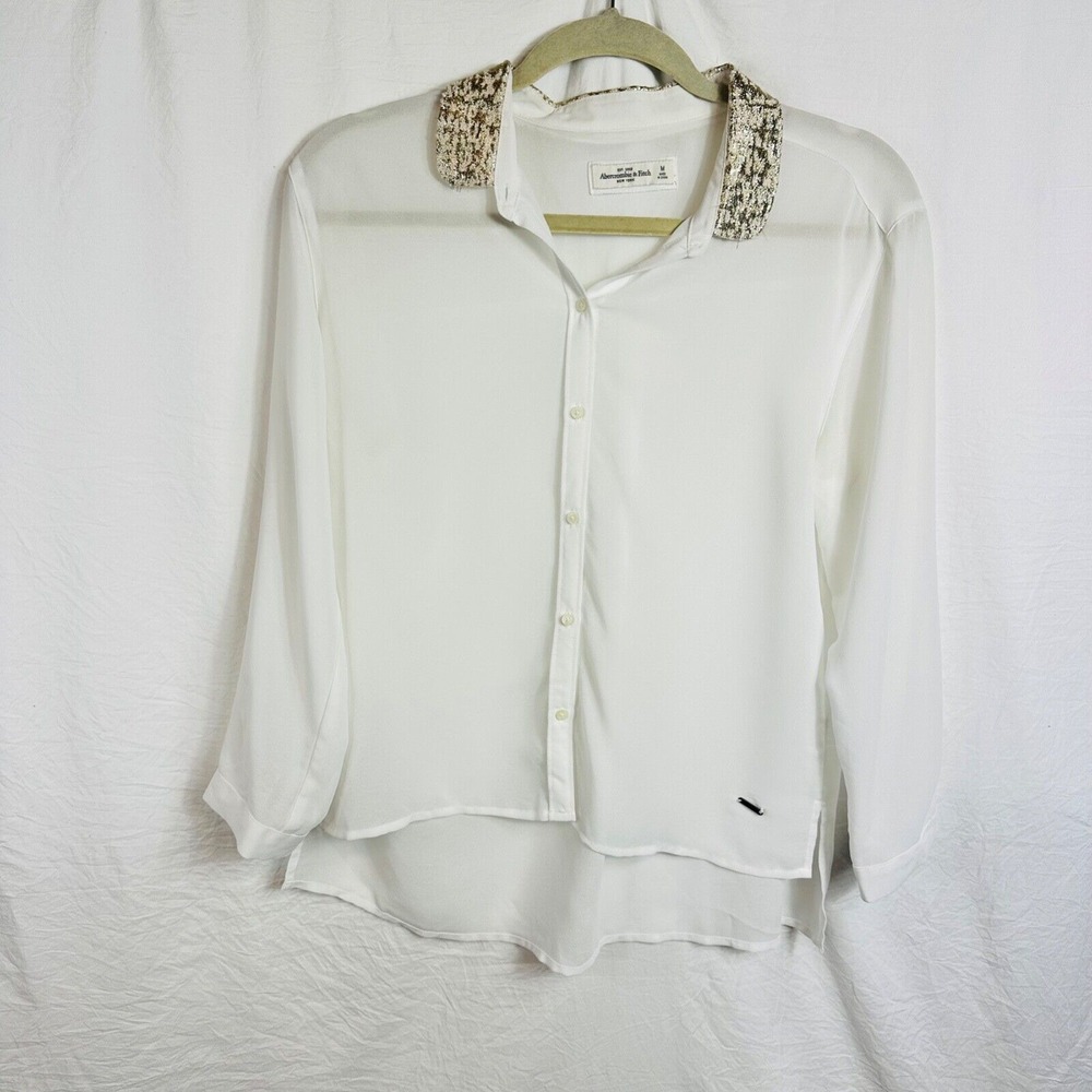 Abercrombie & Fitch Sheer Button‎ Down Long Sleeves Top White Medium Women